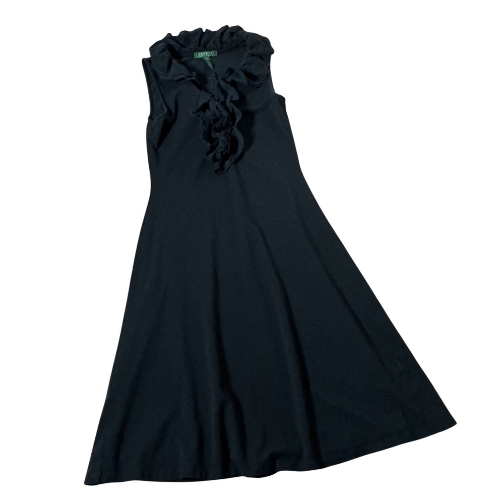 Lauren Ralph Lauren Ruffle Eyelet Knit Dress Womens XS Black Sleeveless A-Line